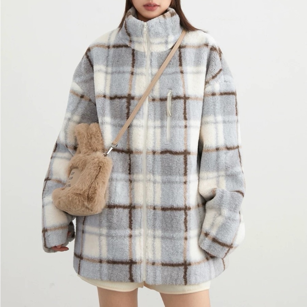 Plaid Teddy Zip Jacket – Cozy Neutral Outerwear